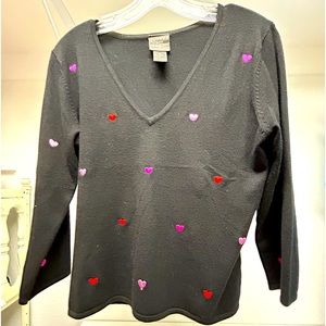 Tailor by B Moss black 3/4 sleeve V neck sweater with hearts
